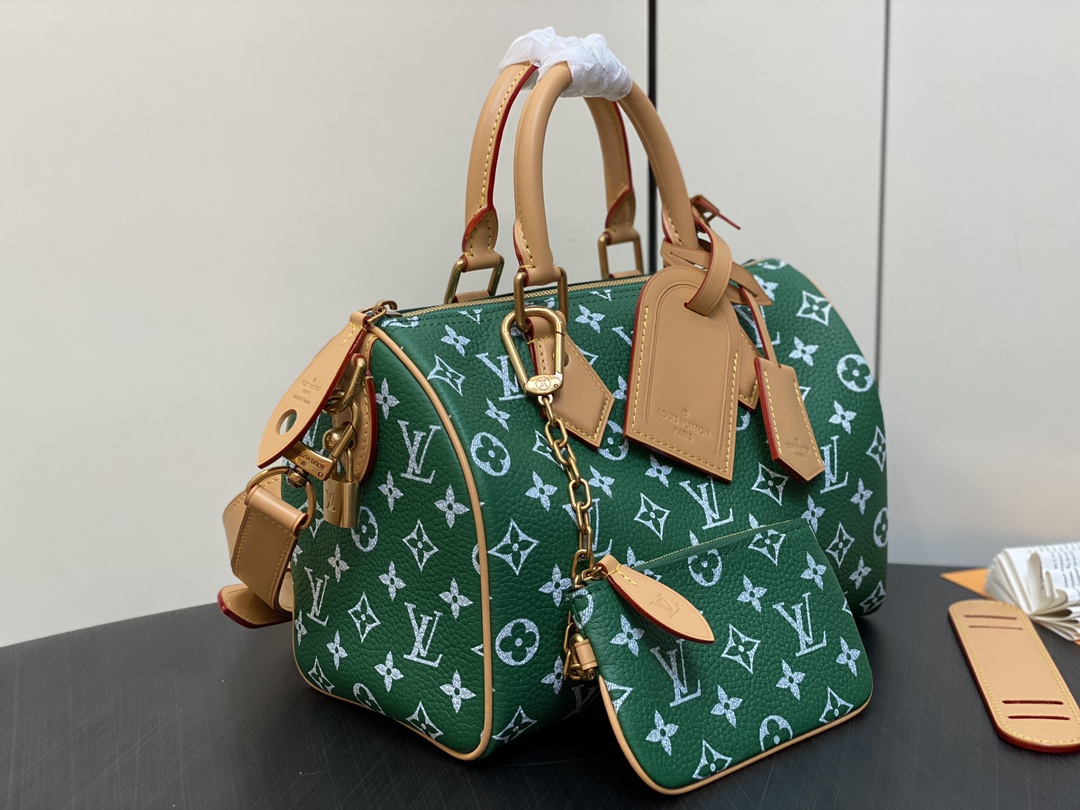 LOUIS VUITTON 路易威登 LV Speedy 25 可拆卸肩带 LV牛皮革 斜挎包 单肩包 双肩包 水桶 手提包 绿色 M24423