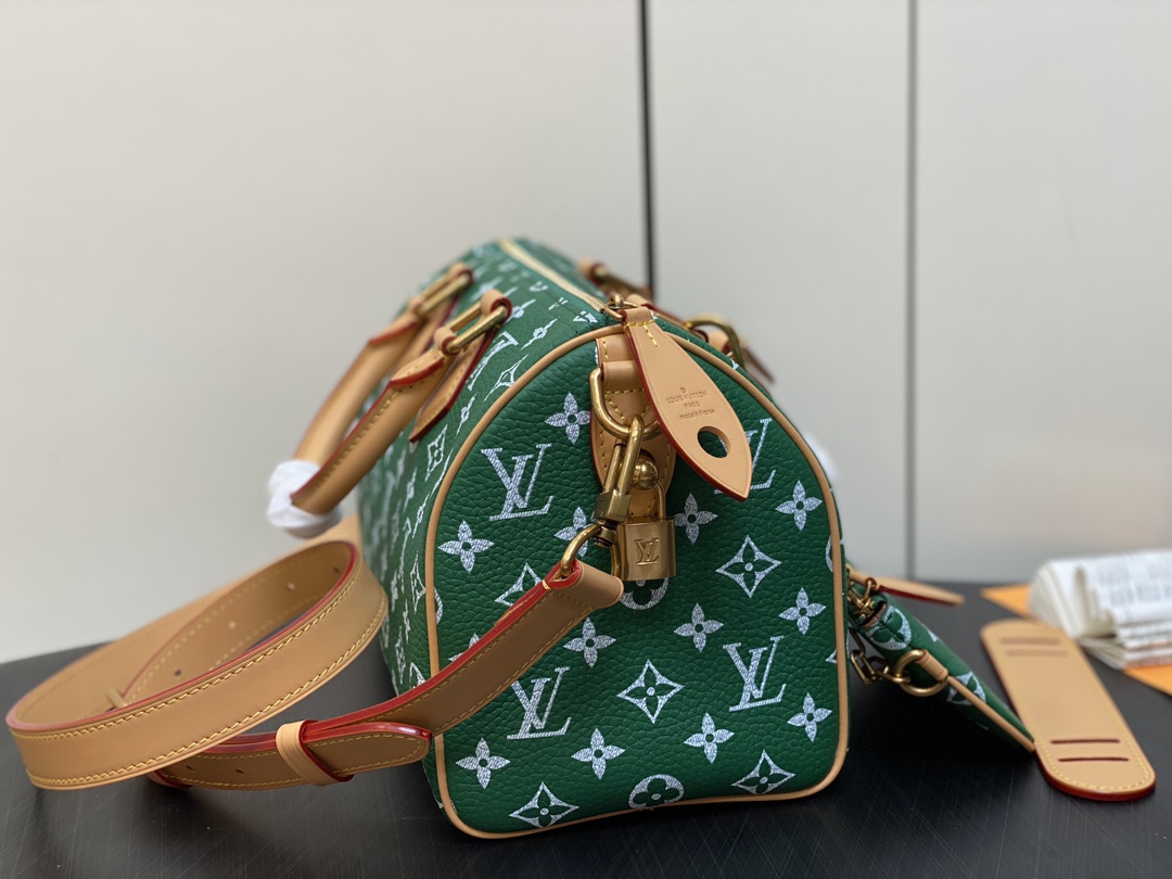 LOUIS VUITTON 路易威登 LV Speedy 25 可拆卸肩带 LV牛皮革 斜挎包 单肩包 双肩包 水桶 手提包 绿色 M24423