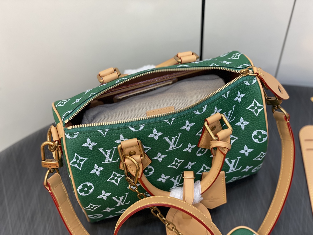 LOUIS VUITTON 路易威登 LV Speedy 25 可拆卸肩带 LV牛皮革 斜挎包 单肩包 双肩包 水桶 手提包 绿色 M24423