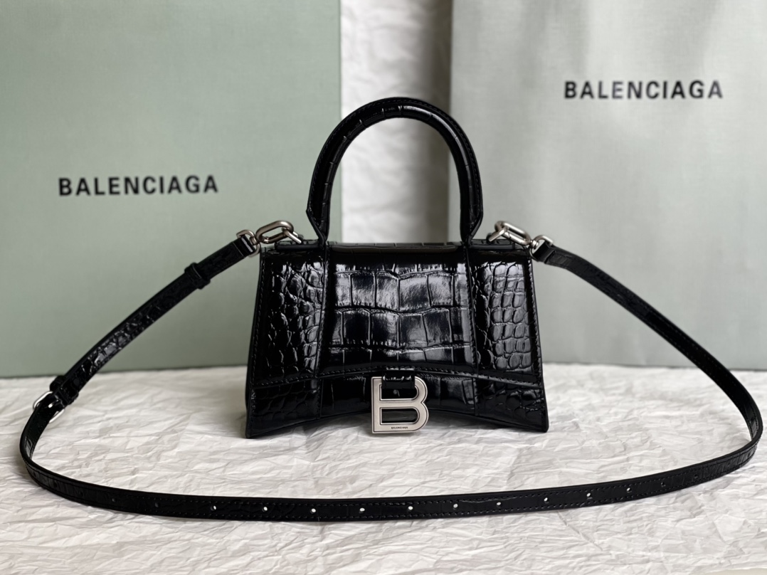 20CM Balenciag 巴黎世家 沙漏 标志性浮雕品牌 小牛皮 单肩 斜挎 手提包 女 黑色鳄鱼纹 5928331LR6Y1000