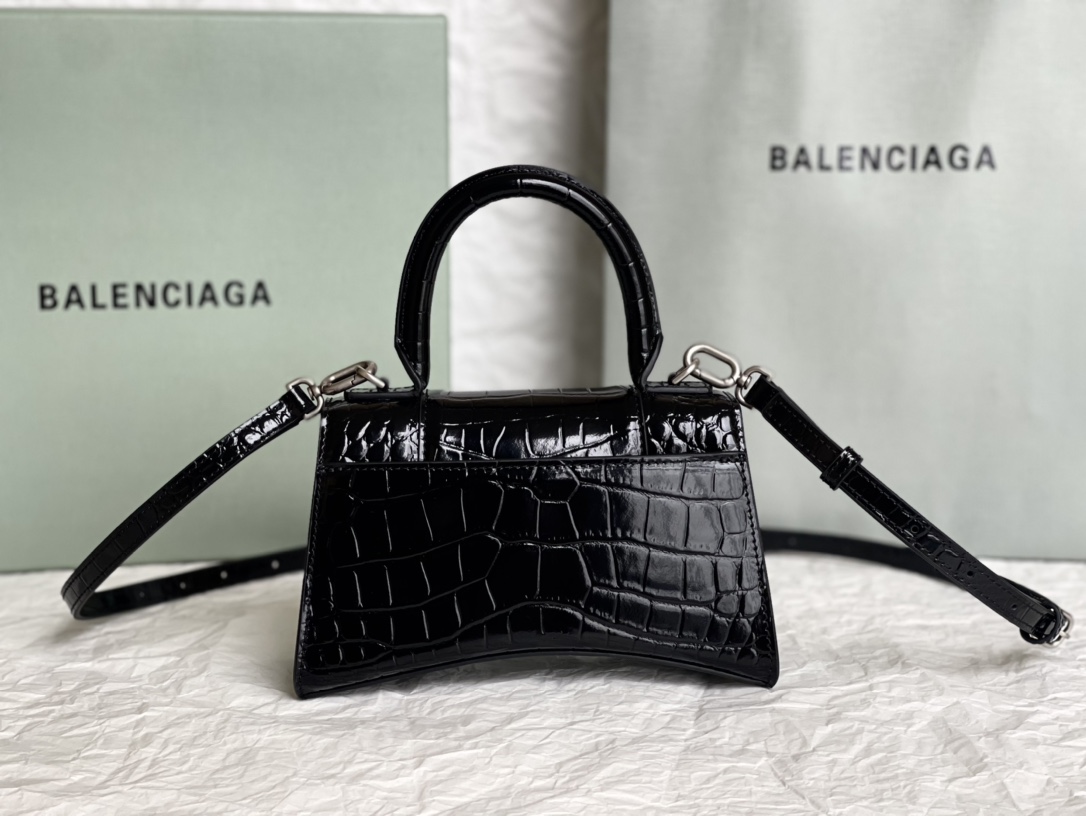20CM Balenciag 巴黎世家 沙漏 标志性浮雕品牌 小牛皮 单肩 斜挎 手提包 女 黑色鳄鱼纹 5928331LR6Y1000