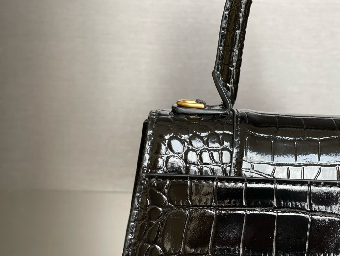 23CM Balenciag 巴黎世家 𝗛𝗼𝘂𝗿𝗴𝗹𝗮𝘀𝘀 沙漏 标志性浮雕品牌 可调节 牛皮 单肩 斜挎 手提包 女款 黑色鳄鱼纹 5935461LRGM1000