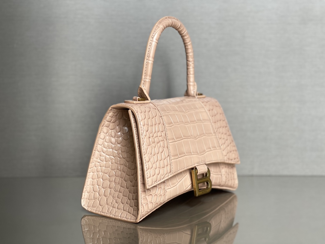 23CM Balenciag 巴黎世家 𝗛𝗼𝘂𝗿𝗴𝗹𝗮𝘀𝘀 沙漏 标志性浮雕品牌 可调节 牛皮 单肩 斜挎 手提包 女款 裸粉色鳄鱼纹  5935461LRGM6310