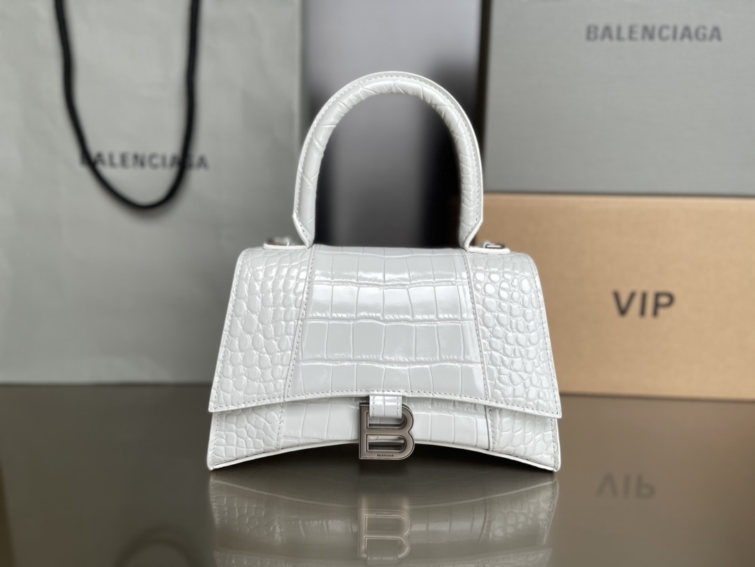 23CM Balenciag 巴黎世家 𝗛𝗼𝘂𝗿𝗴𝗹𝗮𝘀𝘀 沙漏 标志性浮雕品牌 可调节 牛皮 单肩 斜挎 手提包 女款 白色鳄鱼纹   6449731LR6Y9016U