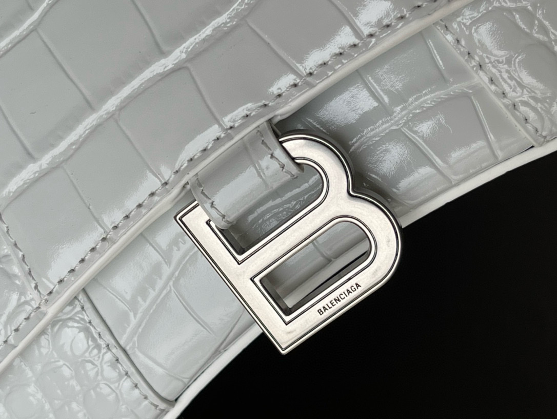 23CM Balenciag 巴黎世家 𝗛𝗼𝘂𝗿𝗴𝗹𝗮𝘀𝘀 沙漏 标志性浮雕品牌 可调节 牛皮 单肩 斜挎 手提包 女款 白色鳄鱼纹   6449731LR6Y9016U
