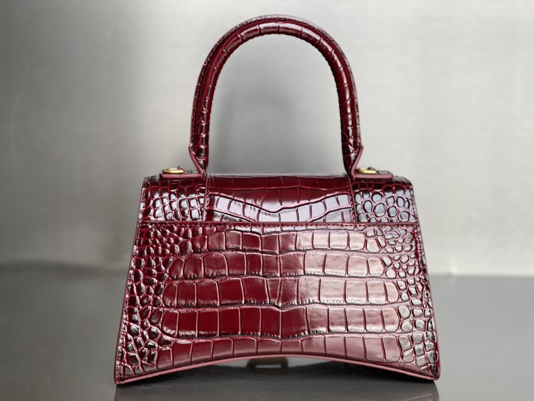 23CM Balenciag 巴黎世家 𝗛𝗼𝘂𝗿𝗴𝗹𝗮𝘀𝘀 沙漏 标志性浮雕品牌 可调节 牛皮 单肩 斜挎 手提包 女款 酒红鳄鱼纹 5935461LRGM6211