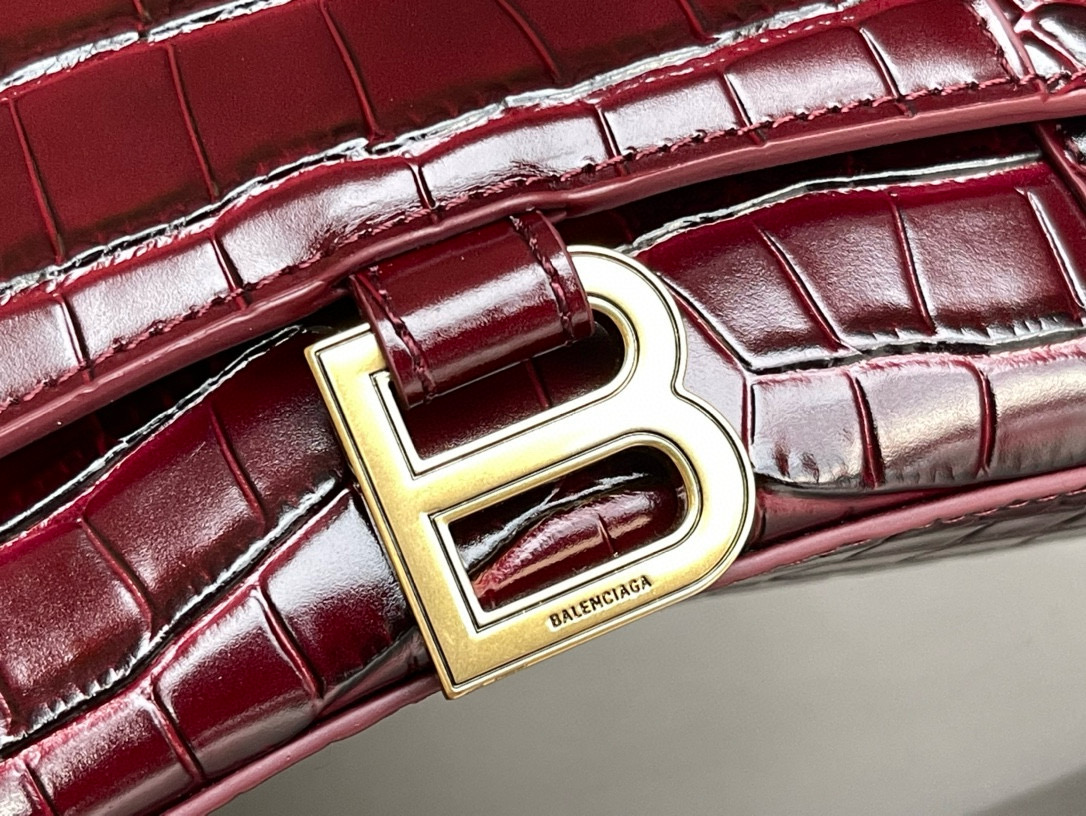 23CM Balenciag 巴黎世家 𝗛𝗼𝘂𝗿𝗴𝗹𝗮𝘀𝘀 沙漏 标志性浮雕品牌 可调节 牛皮 单肩 斜挎 手提包 女款 酒红鳄鱼纹 5935461LRGM6211