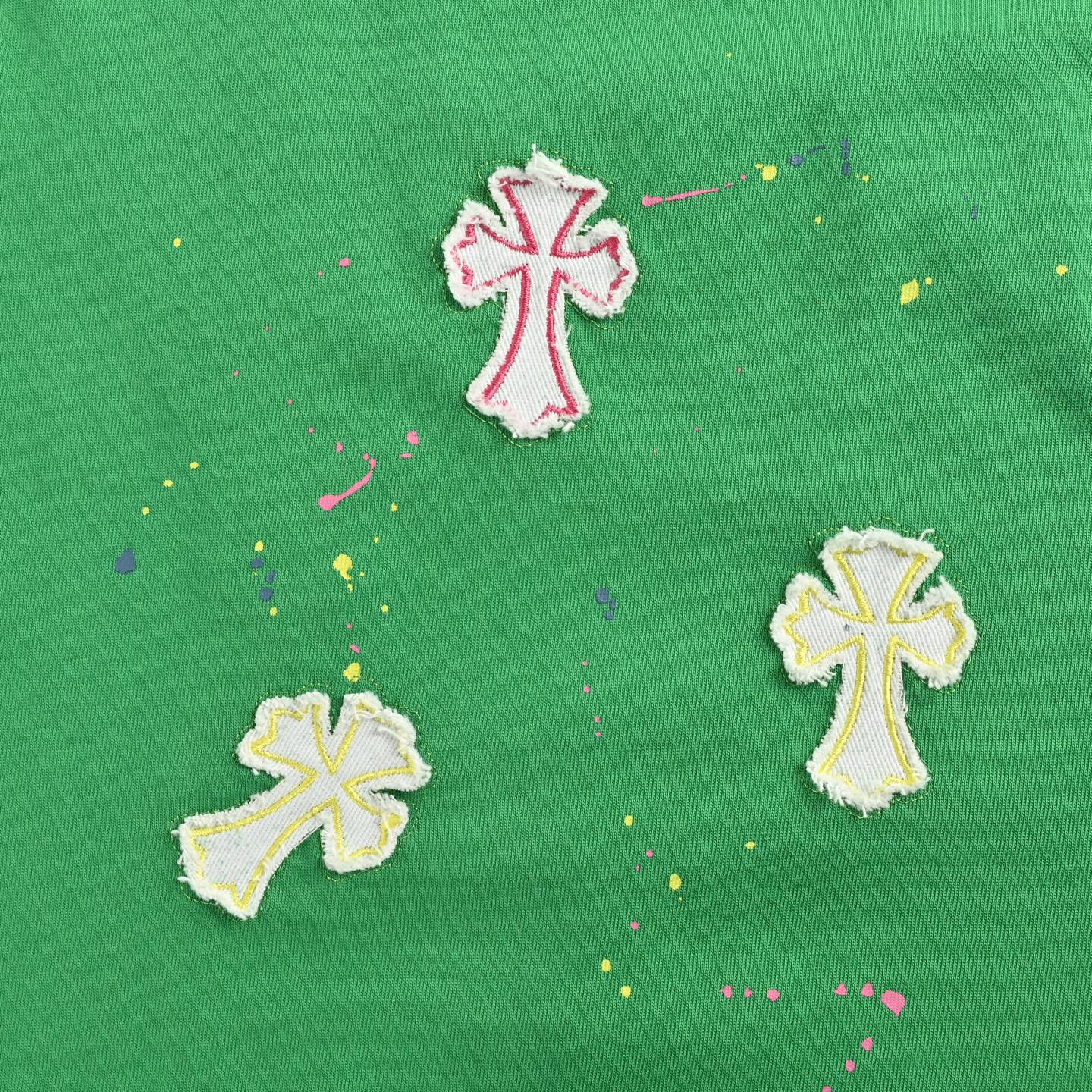 Chrome Hearts 克罗心 涂鸦十字架贴布刺绣水洗短袖 T恤 绿色 A2 