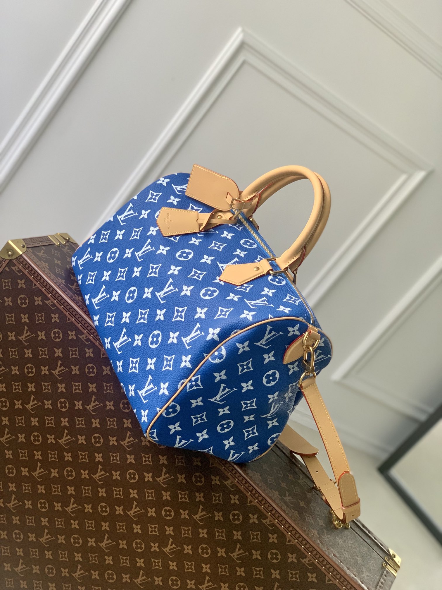 LOUIS VUITTON 路易威登 LV Speedy P9 40 可拆卸肩带 LV牛皮革 斜挎包 单肩包 双肩包 水桶 手提包 蓝色 M24418