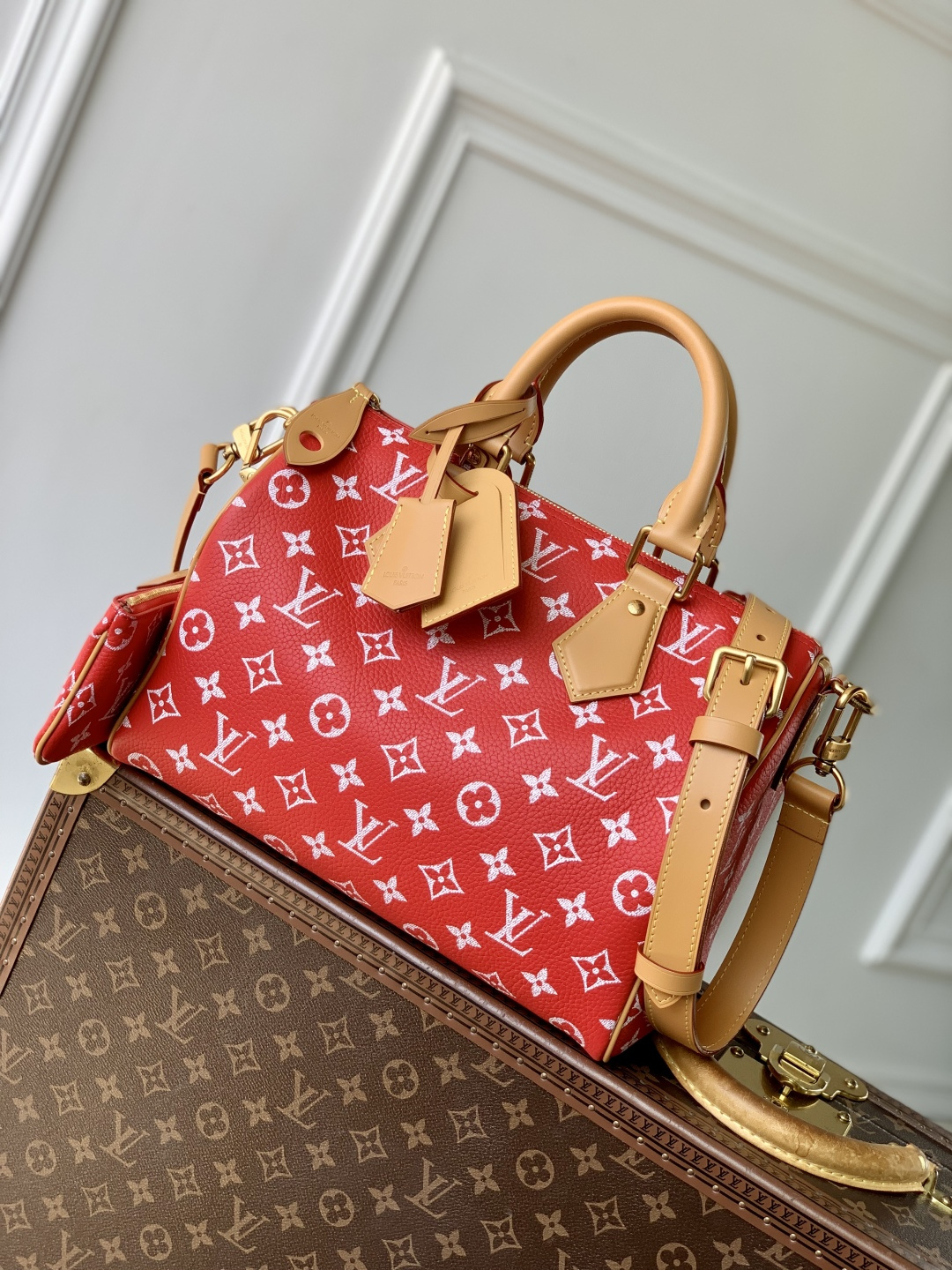 LOUIS VUITTON 路易威登 LV Speedy P9 30 可拆卸肩带 LV牛皮革 斜挎包 单肩包 双肩包 水桶 手提包  红色
