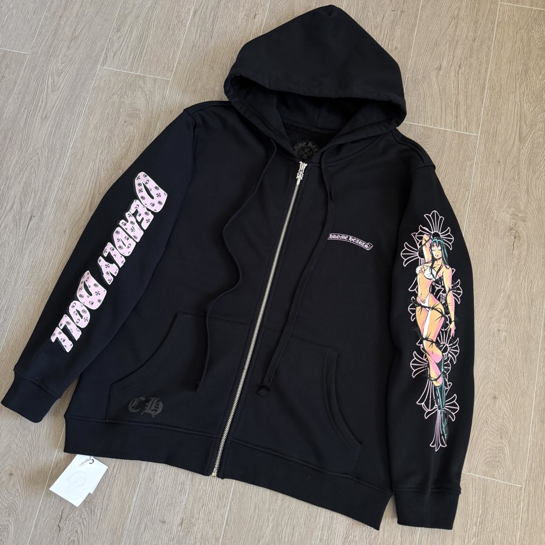 925纯银 Chrome Hearts DEADLY DOLL 克罗心 字母图案印花  宝剑 外套 夹克 长袖 拉链黑色A5 CH-04166512