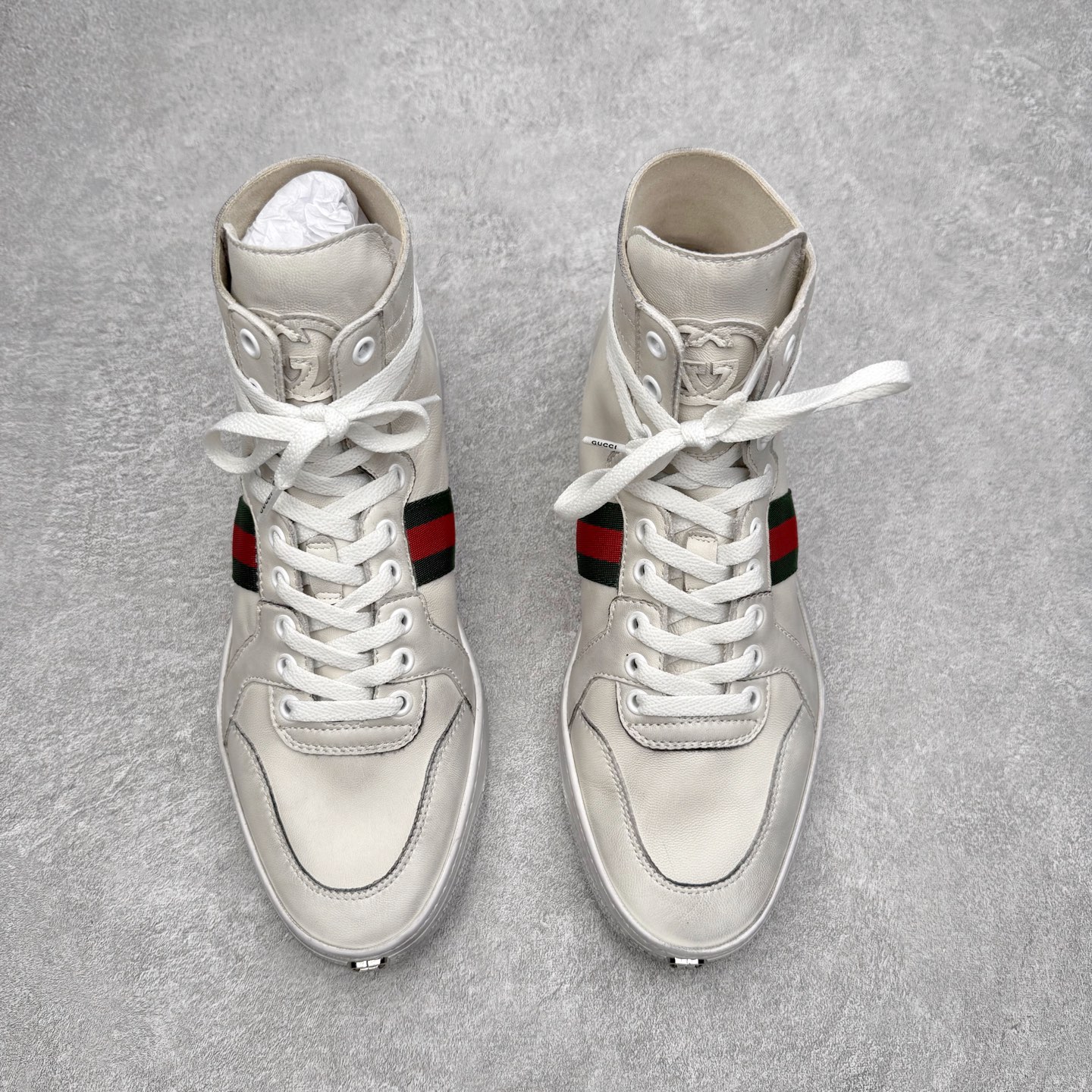 GUCCI古驰 高筒 牛皮 皮革 复古 圆头抽绳  生活休闲鞋 男款 女款  白色 221825 ADFX0 9060
