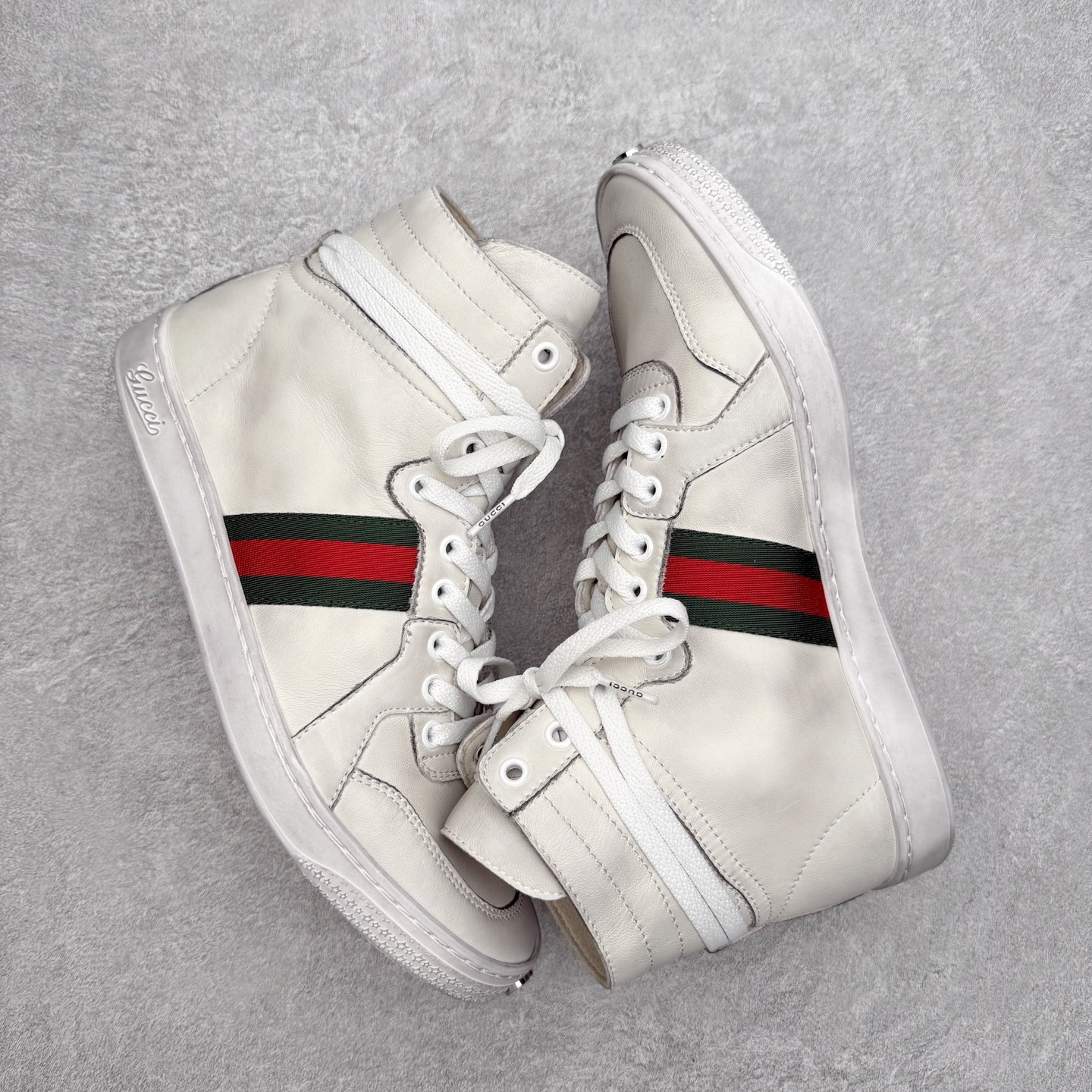 GUCCI古驰 高筒 牛皮 皮革 复古 圆头抽绳  生活休闲鞋 男款 女款  白色 221825 ADFX0 9060