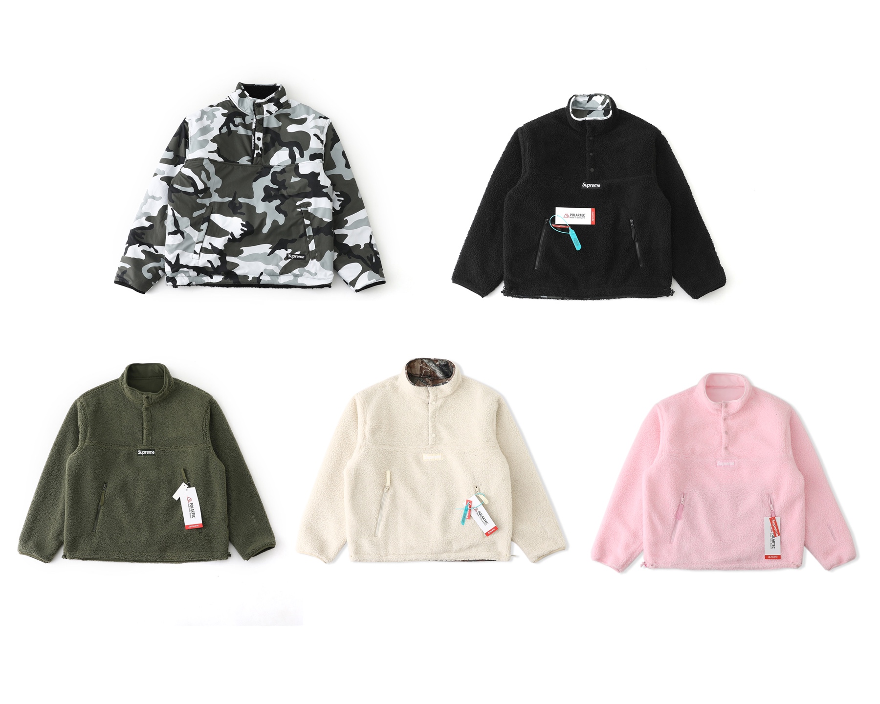 Supreme POLARTEC 联名款 FW25 WEEK8 Polartec Shearling Reversible Pullover 双面穿羊羔毛半拉链套头外套  凤搂 男女同款 黑色 绿色 粉色 树枝迷彩