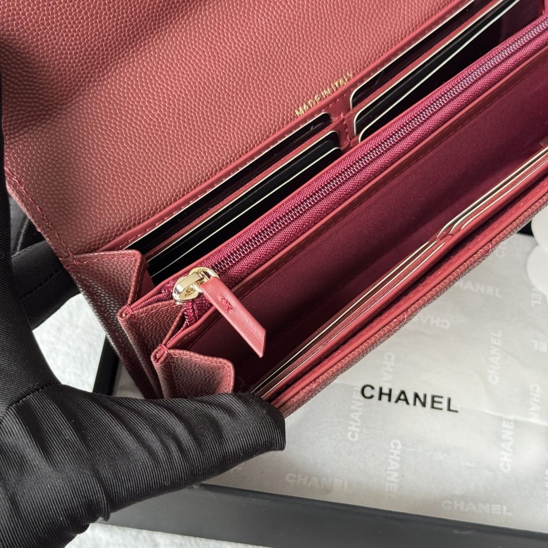 CHANEL 香奈儿 经典长款 颗粒压花 金属 卡包 钱包 红色