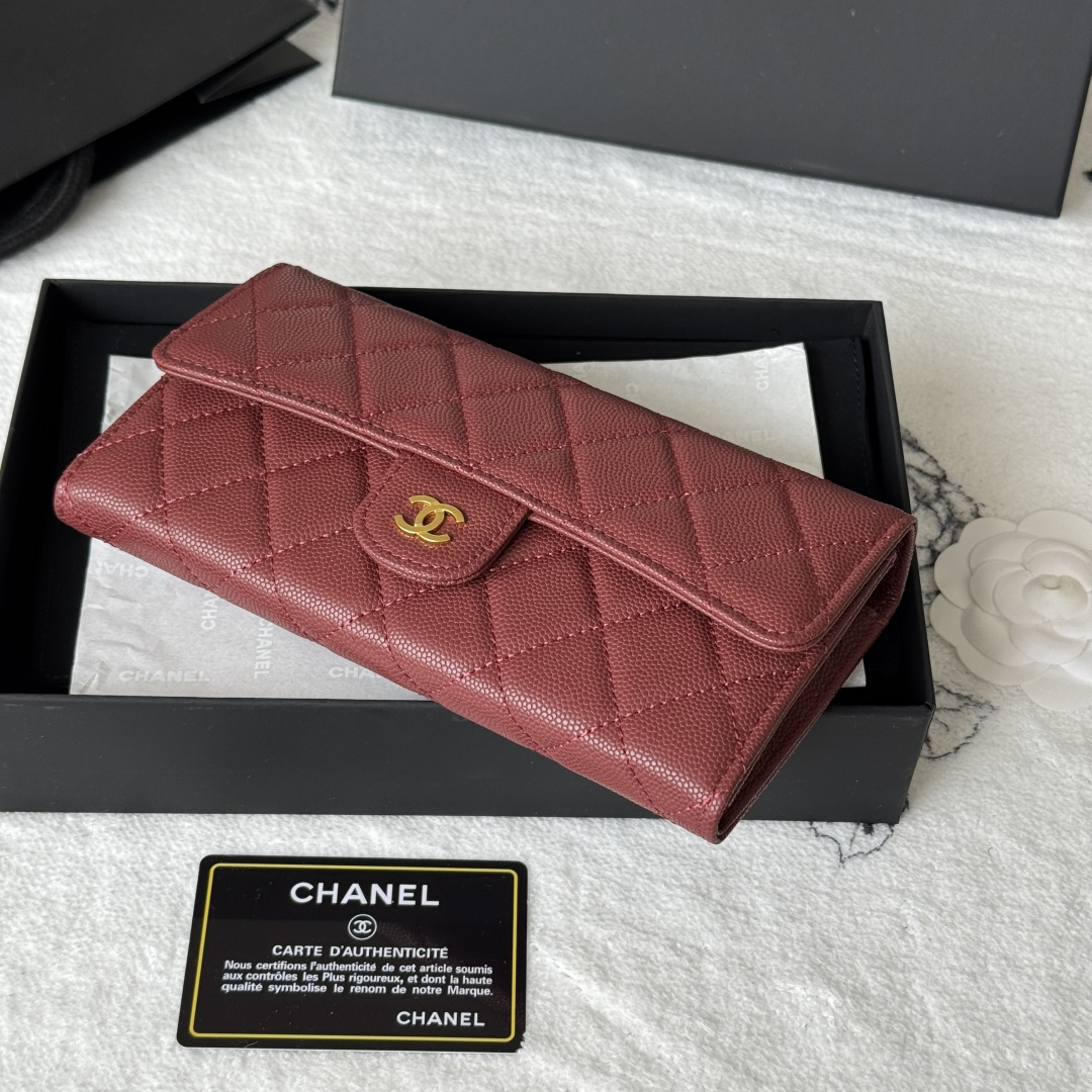 CHANEL 香奈儿 经典长款 颗粒压花 金属 卡包 钱包 红色