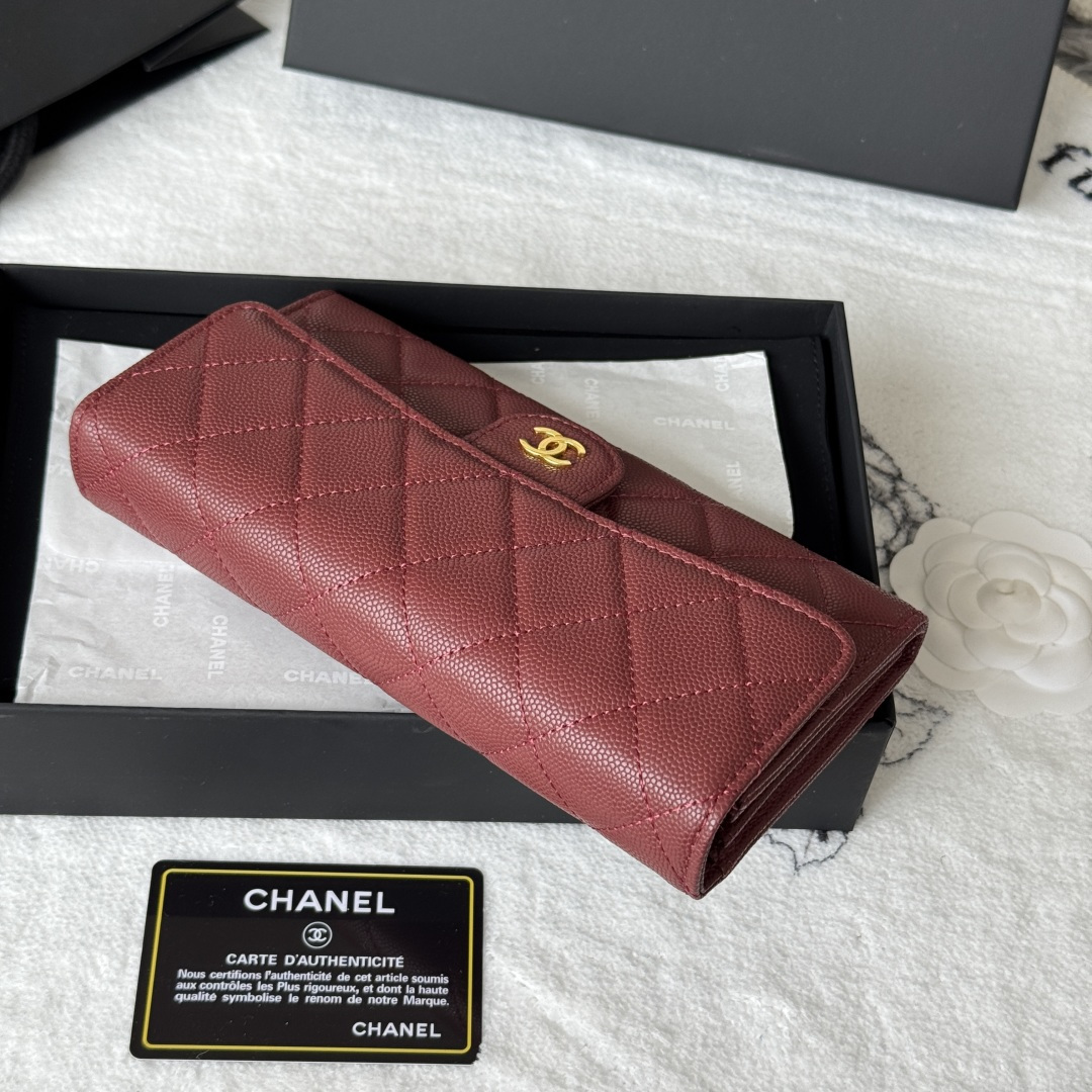 CHANEL 香奈儿 经典长款 颗粒压花 金属 卡包 钱包 红色