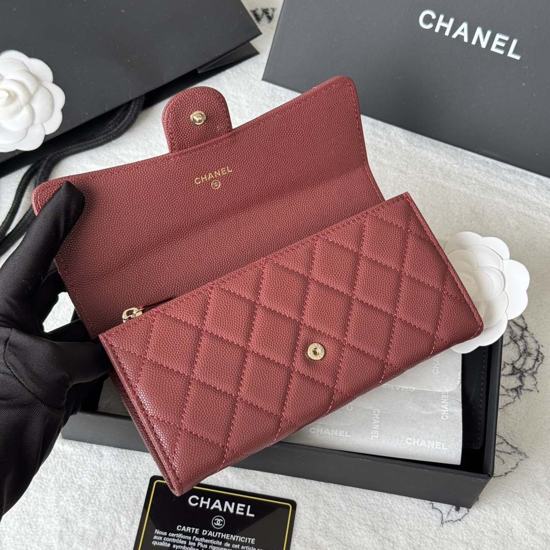 CHANEL 香奈儿 经典长款 颗粒压花 金属 卡包 钱包 红色