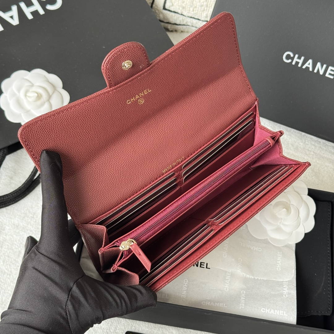 CHANEL 香奈儿 经典长款 颗粒压花 金属 卡包 钱包 红色
