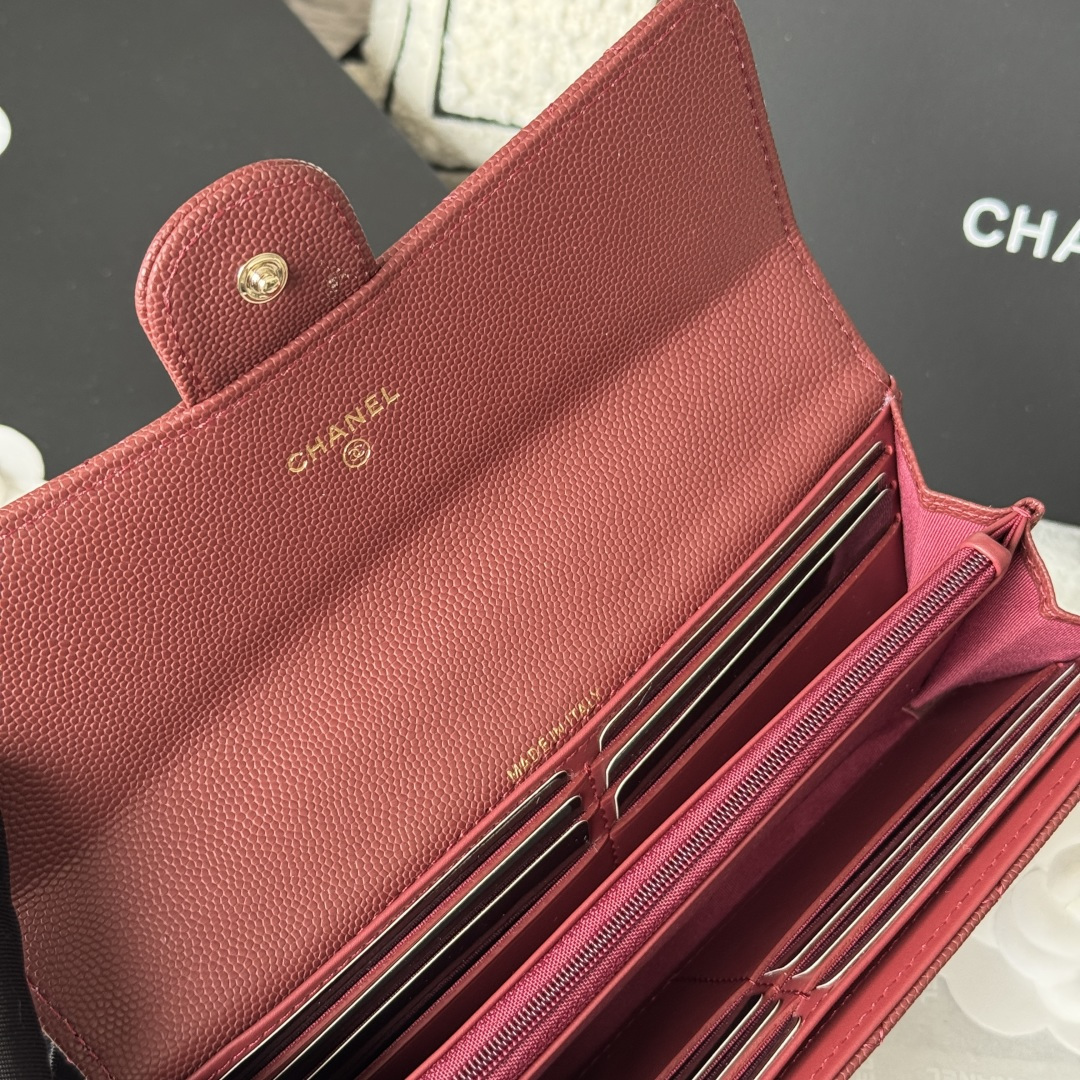 CHANEL 香奈儿 经典长款 颗粒压花 金属 卡包 钱包 红色