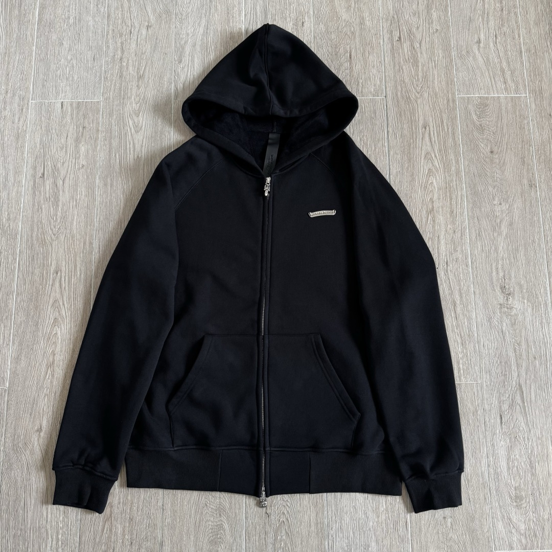 Chrome Hearts 克罗心 经典 刺绣 拉链卫衣 外套 长袖 黑色 前银色牌 后三十字架 A5  