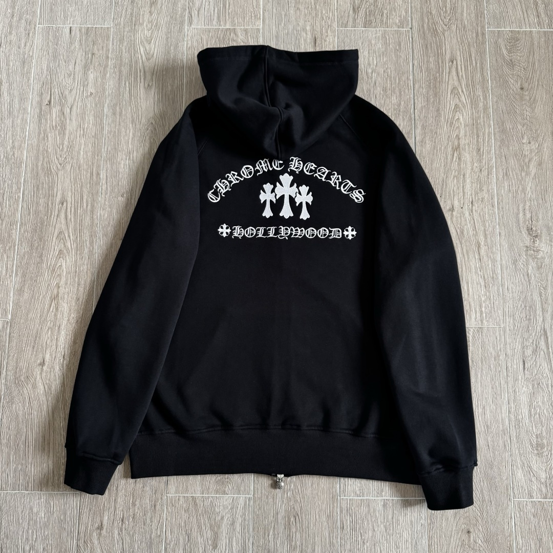 Chrome Hearts 克罗心 经典 刺绣 拉链卫衣 外套 长袖 黑色 前银色牌 后三十字架 A5  