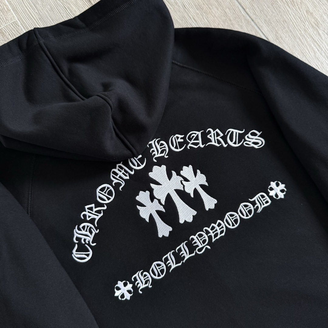 Chrome Hearts 克罗心 经典 刺绣 拉链卫衣 外套 长袖 黑色 前银色牌 后三十字架 A5  