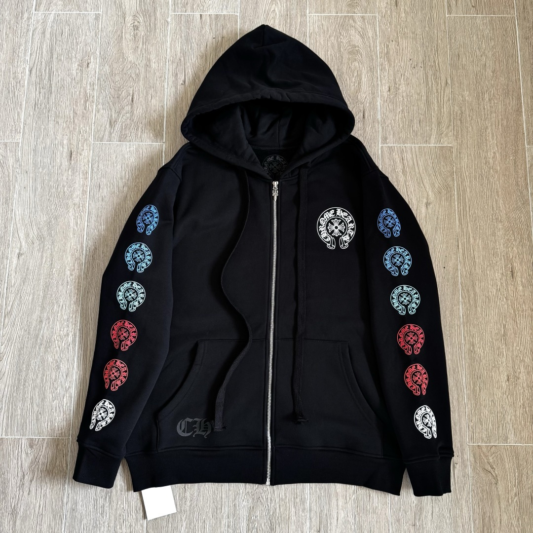 Chrome Hearts 克罗心 经典 印花 拉链卫衣 外套 长袖 男女同款 黑色 彩色花臂 马蹄  A5  