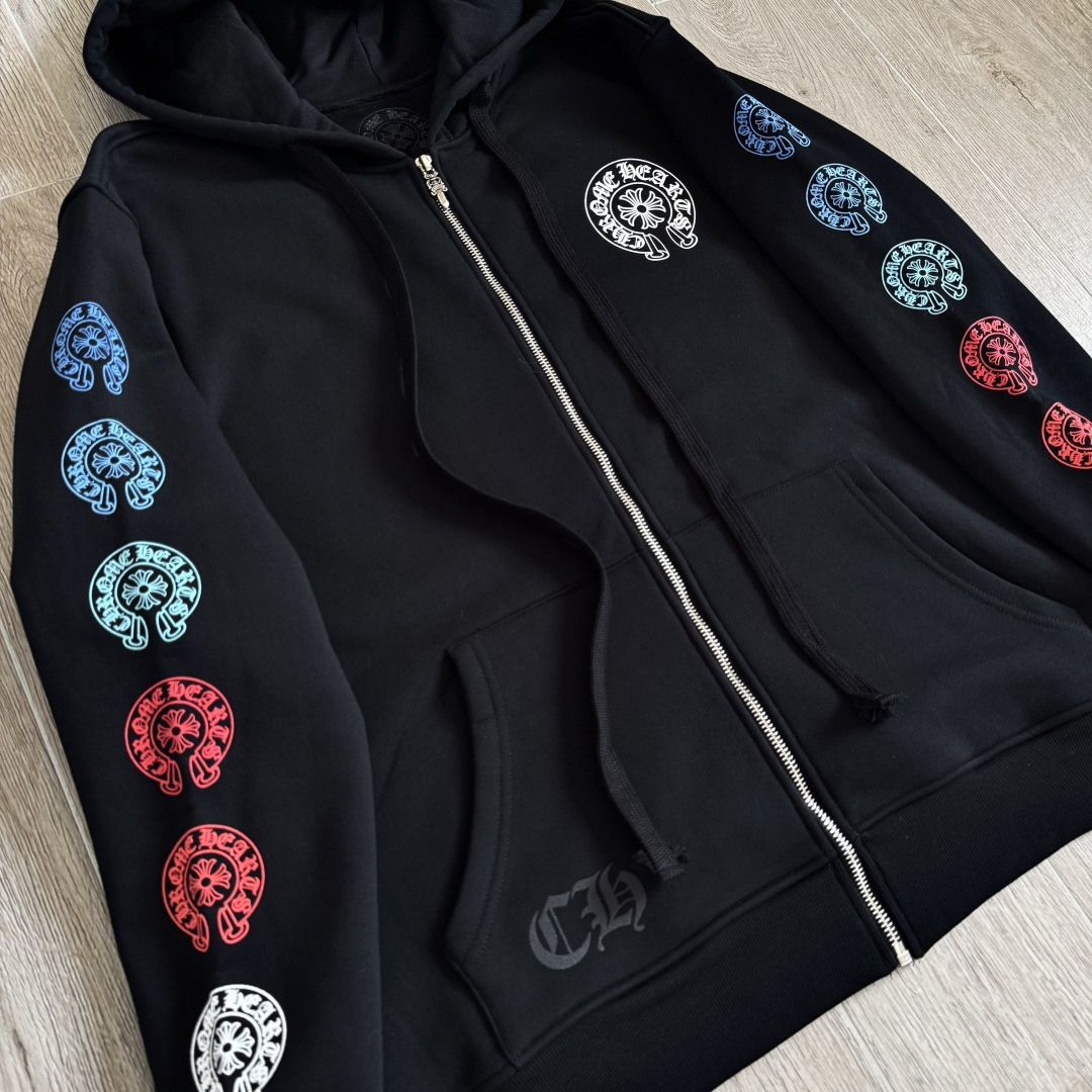 Chrome Hearts 克罗心 经典 印花 拉链卫衣 外套 长袖 男女同款 黑色 彩色花臂 马蹄  A5  