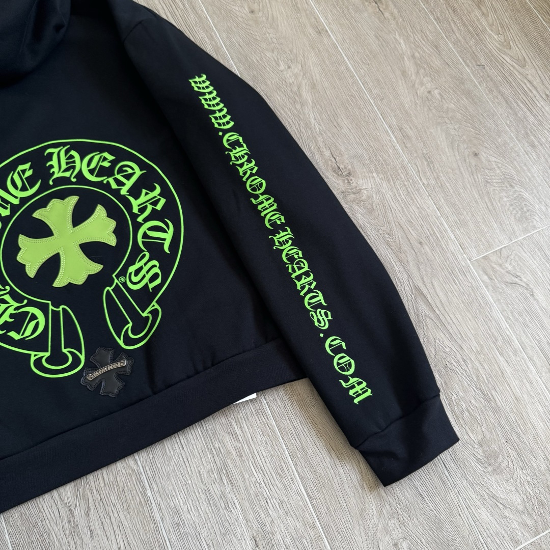 925纯银 Chrome Hearts Hoodie 克罗心 梵文 马蹄 连帽 卫衣 套头 外套  小羊皮荧光绿B0 