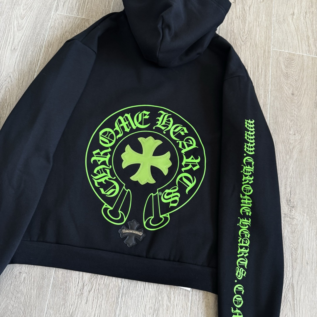 925纯银 Chrome Hearts Hoodie 克罗心 梵文 马蹄 连帽 卫衣 套头 外套  小羊皮荧光绿B0 