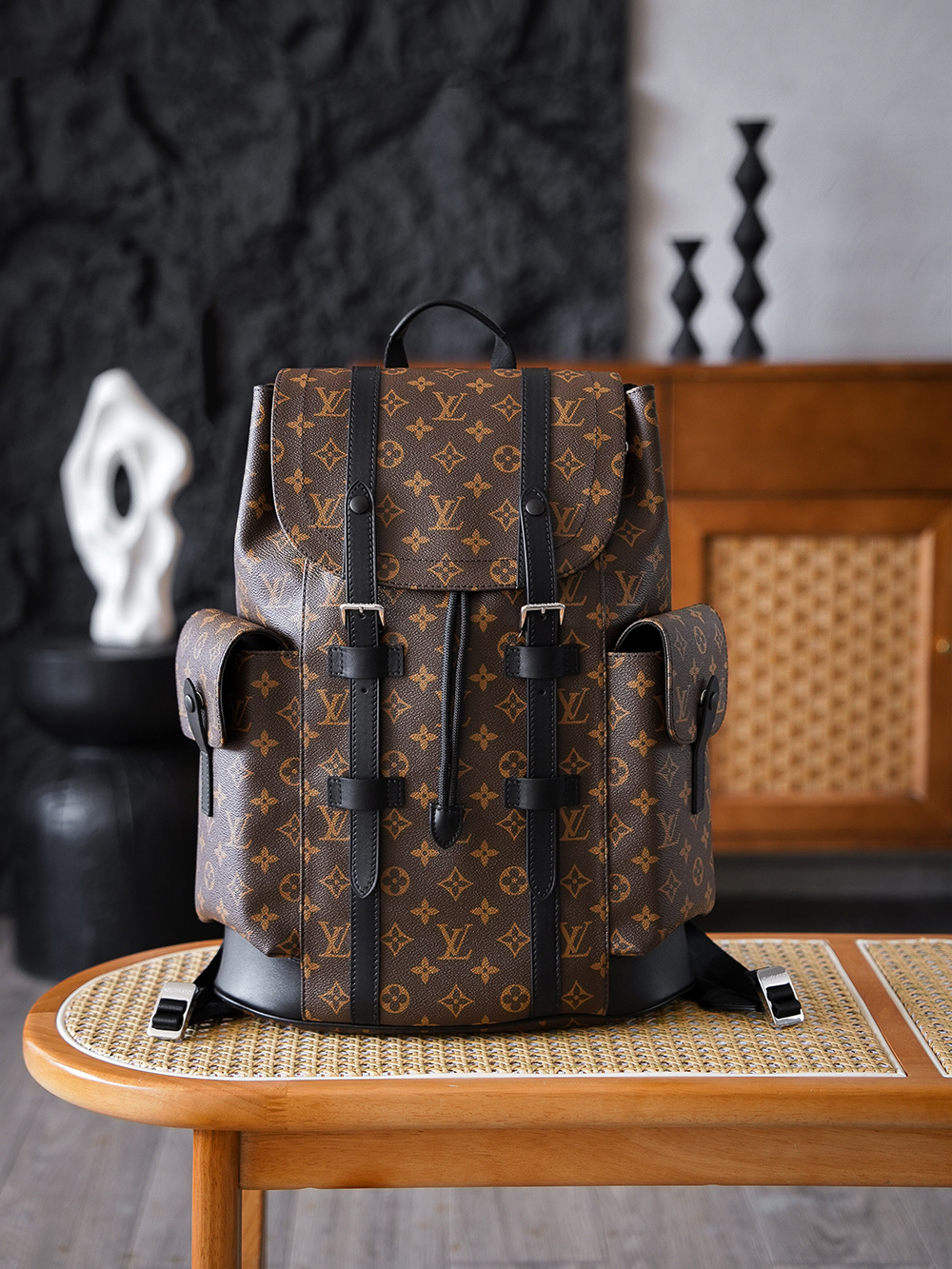  AS LOUIS VUITTON CHRISTOPHER 全钢五金 经典老花 印花 锁扣 涂层帆布 双肩包 棕色 M43735