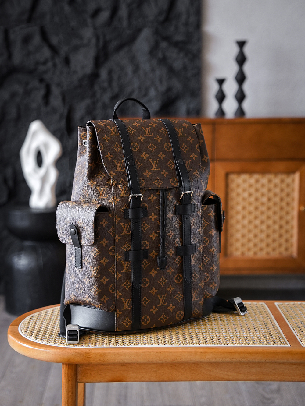  AS LOUIS VUITTON CHRISTOPHER 全钢五金 经典老花 印花 锁扣 涂层帆布 双肩包 棕色 M43735