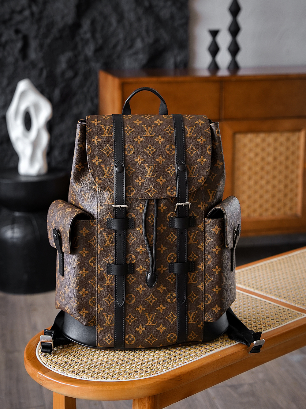  AS LOUIS VUITTON CHRISTOPHER 全钢五金 经典老花 印花 锁扣 涂层帆布 双肩包 棕色 M43735