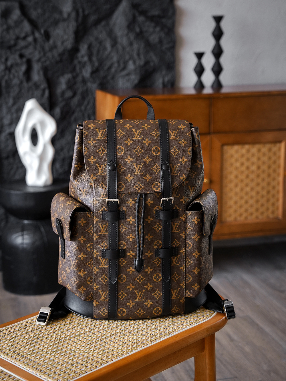  AS LOUIS VUITTON CHRISTOPHER 全钢五金 经典老花 印花 锁扣 涂层帆布 双肩包 棕色 M43735