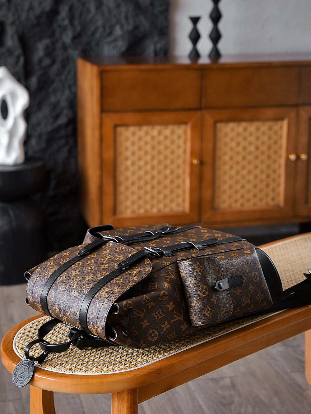  AS LOUIS VUITTON CHRISTOPHER 全钢五金 经典老花 印花 锁扣 涂层帆布 双肩包 棕色 M43735