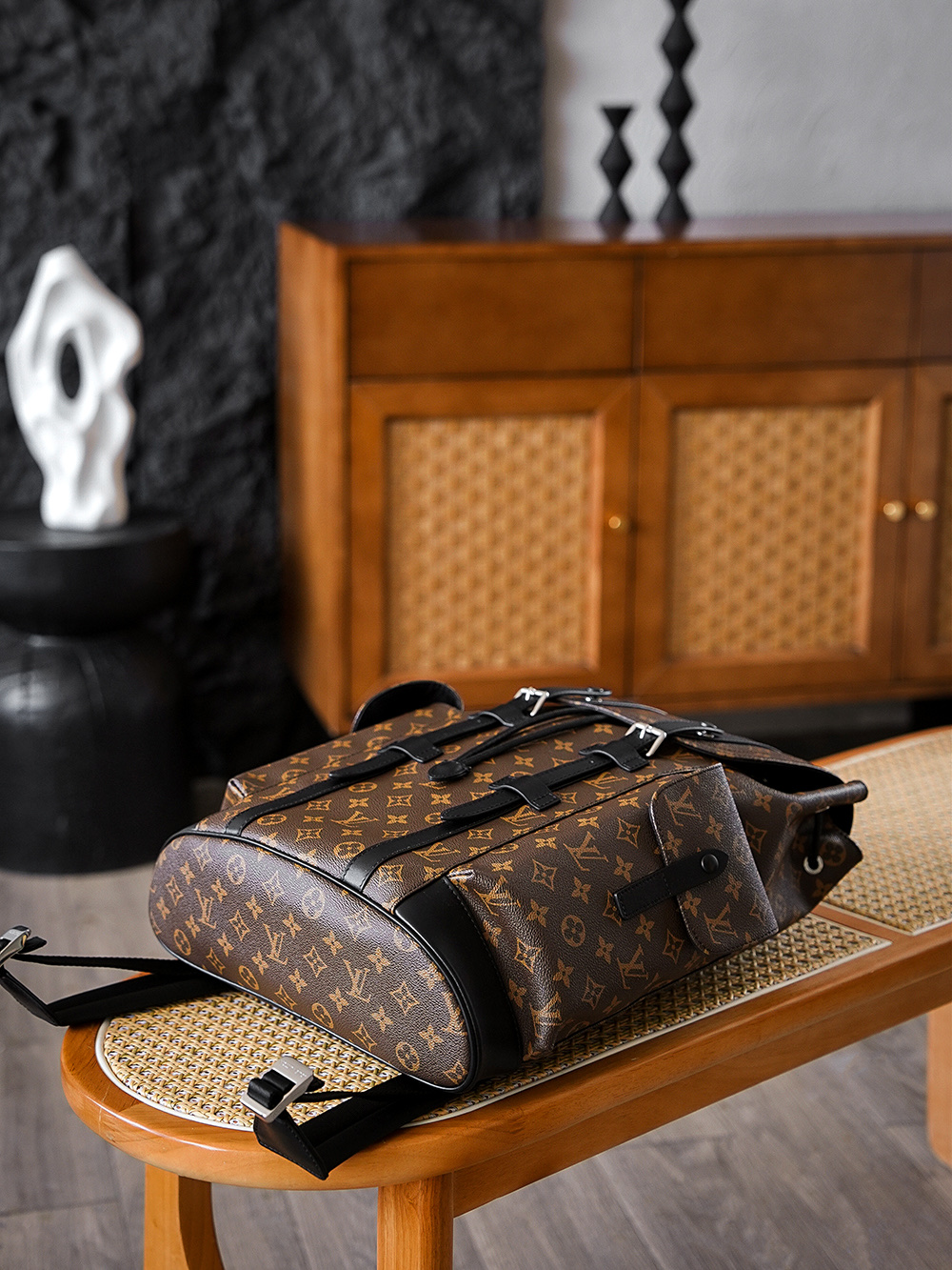  AS LOUIS VUITTON CHRISTOPHER 全钢五金 经典老花 印花 锁扣 涂层帆布 双肩包 棕色 M43735