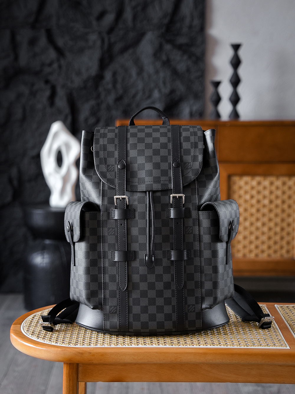 AS LOUIS VUITTON CHRISTOPHER 全钢五金 经典老花 印花 锁扣 涂层帆布 双肩包 格子黑色 N41379