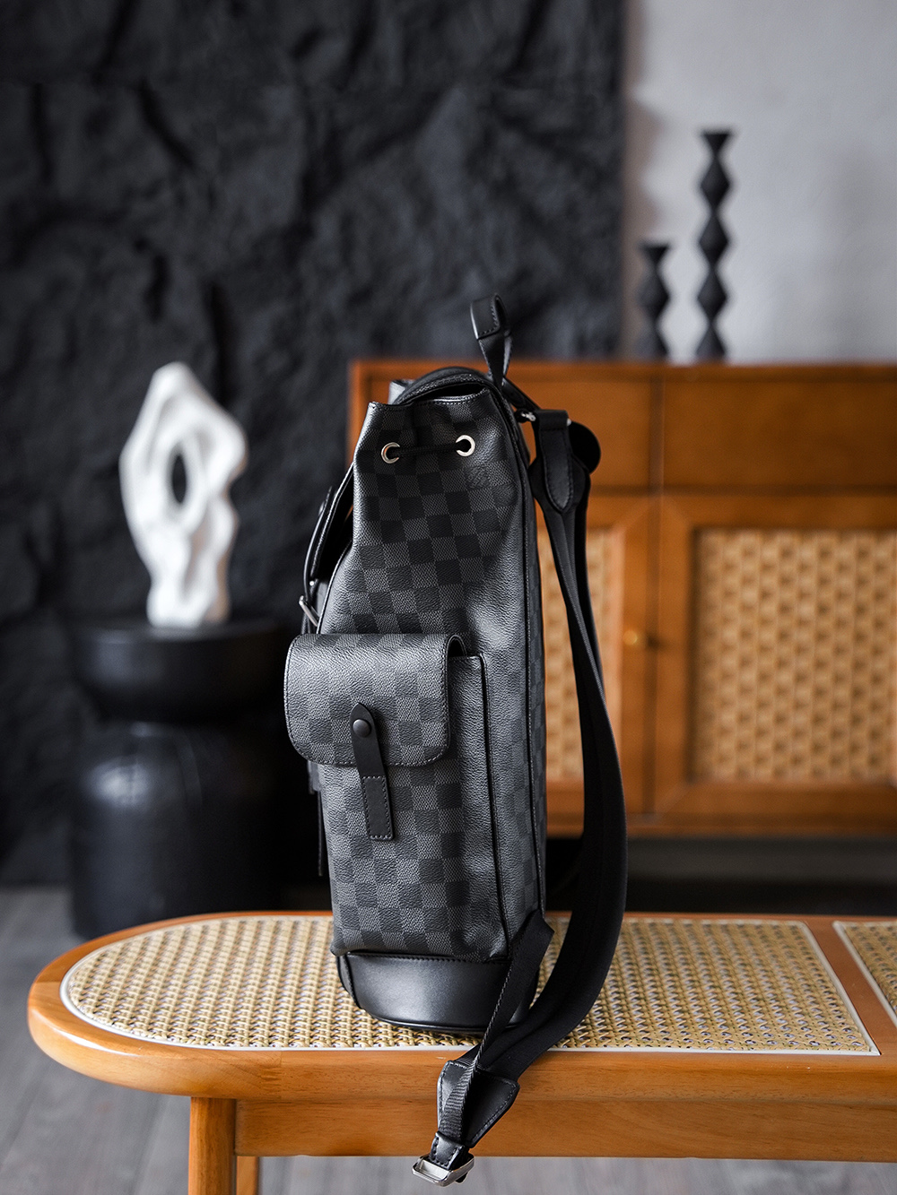 AS LOUIS VUITTON CHRISTOPHER 全钢五金 经典老花 印花 锁扣 涂层帆布 双肩包 格子黑色 N41379