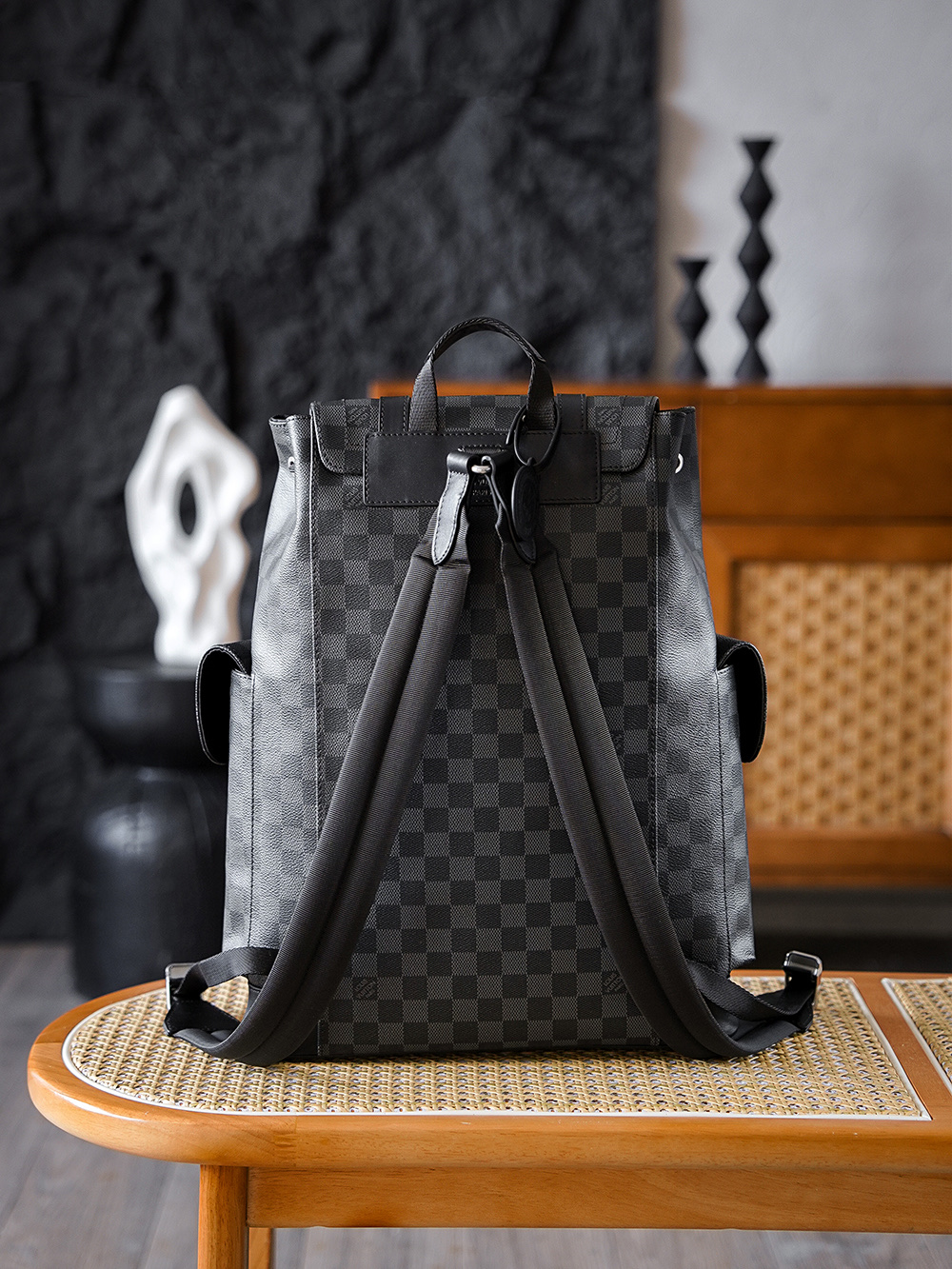 AS LOUIS VUITTON CHRISTOPHER 全钢五金 经典老花 印花 锁扣 涂层帆布 双肩包 格子黑色 N41379