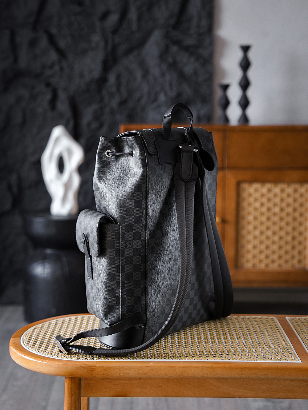 AS LOUIS VUITTON CHRISTOPHER 全钢五金 经典老花 印花 锁扣 涂层帆布 双肩包 格子黑色 N41379