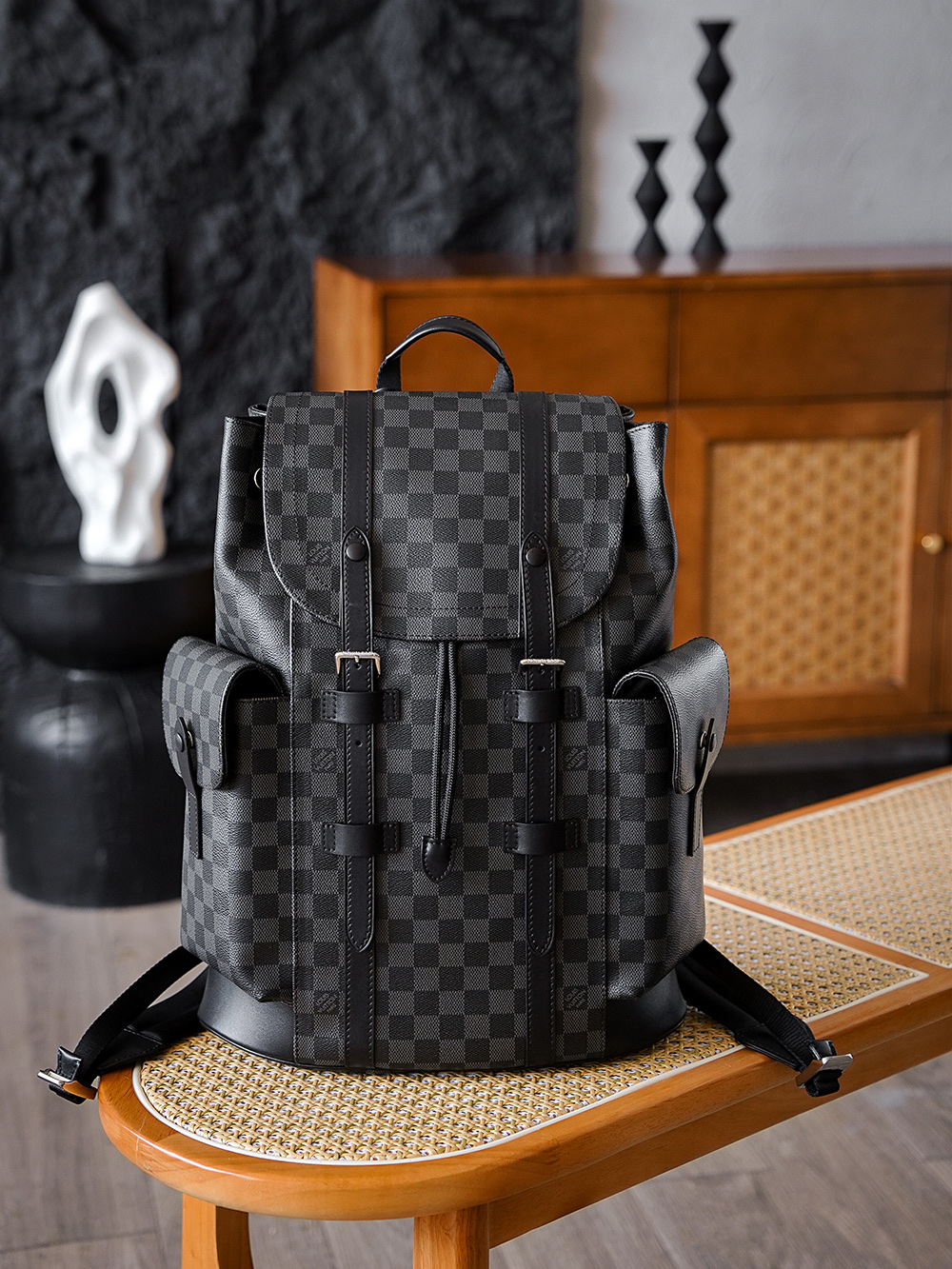 AS LOUIS VUITTON CHRISTOPHER 全钢五金 经典老花 印花 锁扣 涂层帆布 双肩包 格子黑色 N41379