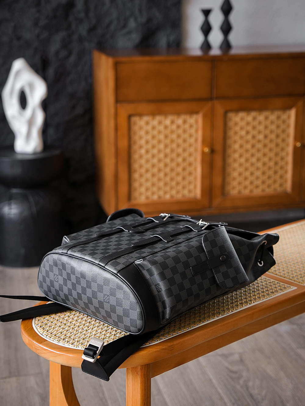 AS LOUIS VUITTON CHRISTOPHER 全钢五金 经典老花 印花 锁扣 涂层帆布 双肩包 格子黑色 N41379