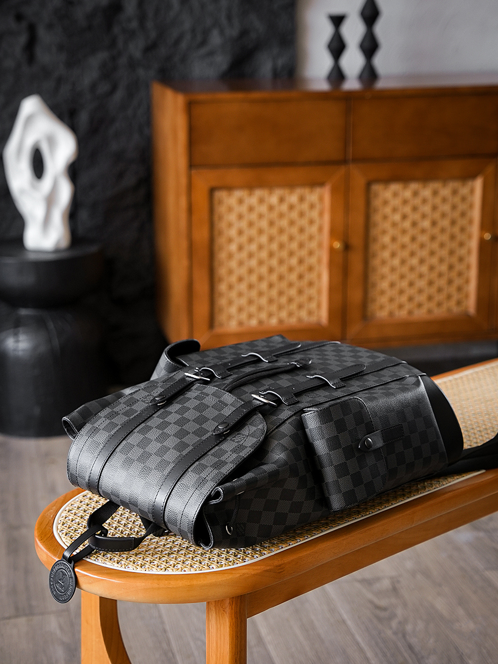 AS LOUIS VUITTON CHRISTOPHER 全钢五金 经典老花 印花 锁扣 涂层帆布 双肩包 格子黑色 N41379