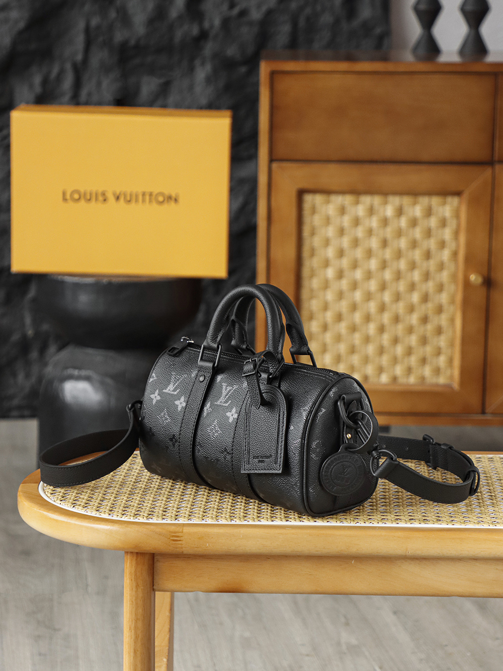 25CM AS LOUIS VUITTON KEEPALL 全钢五金 经典老花 印花 锁扣 涂层帆布  旅行包 黑色A2 M28369