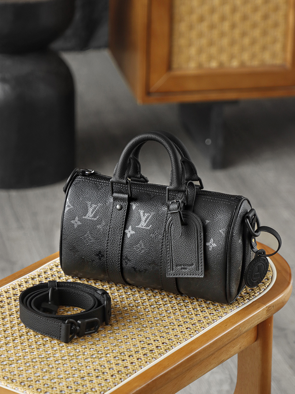 25CM AS LOUIS VUITTON KEEPALL 全钢五金 经典老花 印花 锁扣 涂层帆布  旅行包 黑色A2 M28369