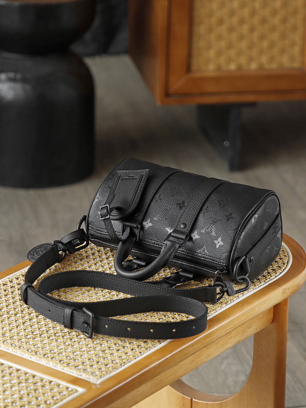 25CM AS LOUIS VUITTON KEEPALL 全钢五金 经典老花 印花 锁扣 涂层帆布  旅行包 黑色A2 M28369