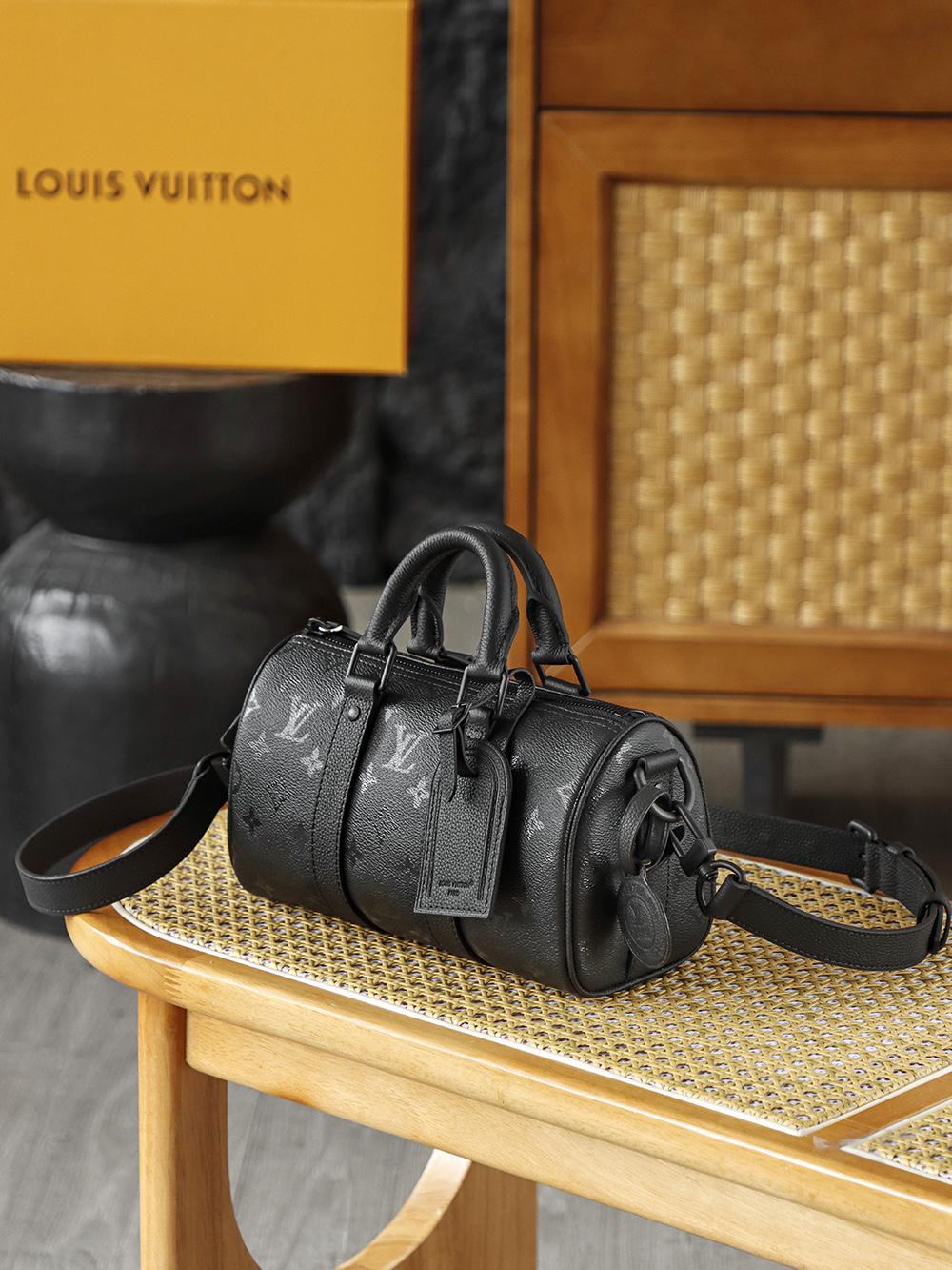 25CM AS LOUIS VUITTON KEEPALL 全钢五金 经典老花 印花 锁扣 涂层帆布  旅行包 黑色A2 M28369