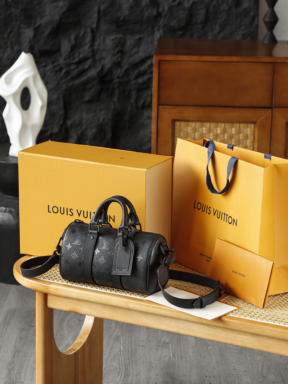 25CM AS LOUIS VUITTON KEEPALL 全钢五金 经典老花 印花 锁扣 涂层帆布  旅行包 黑色A2 M28369