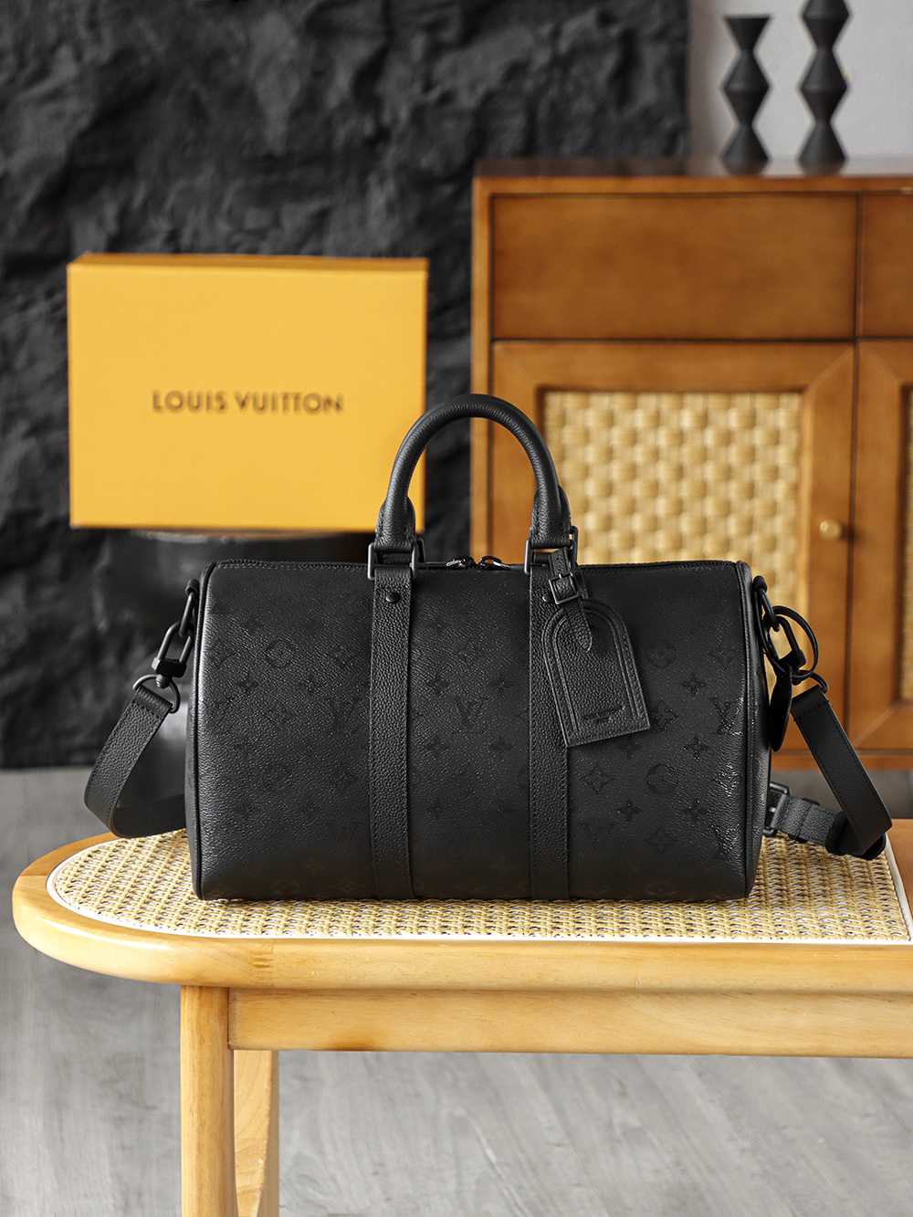 35CM AS LOUIS VUITTON KEEPALL 全钢五金 经典老花 印花 锁扣 涂层帆布  旅行包 黑色A2 M28370 